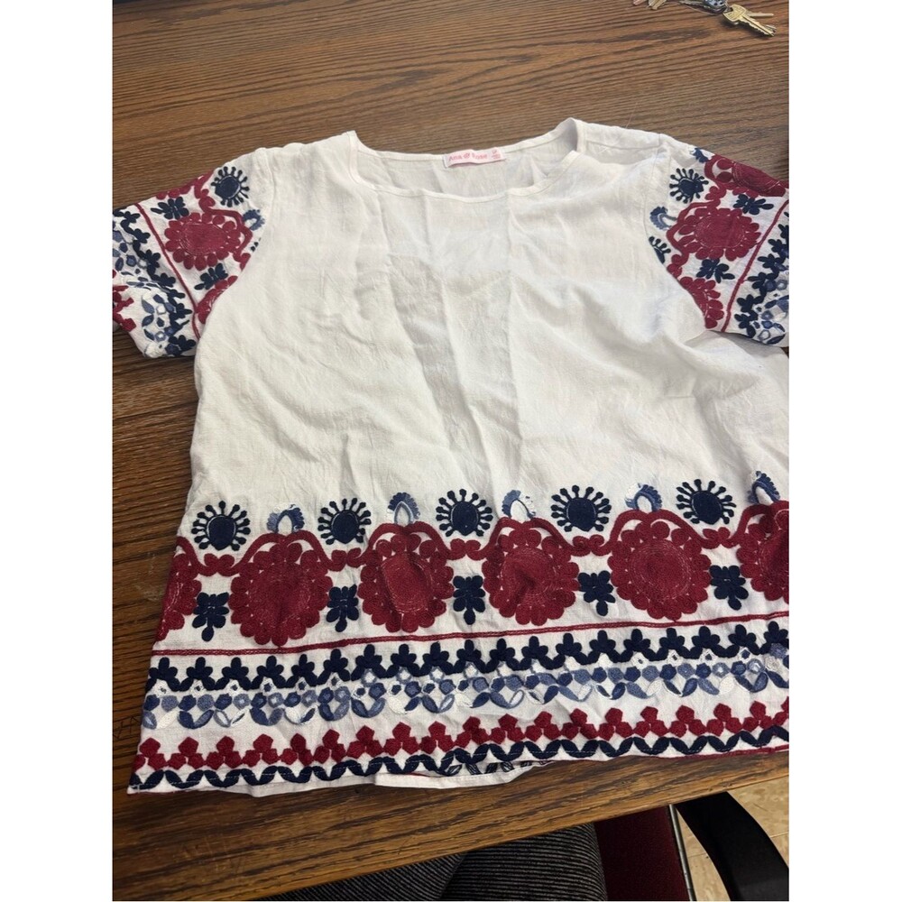 Women's White Embroidered Short-Sleeve Blouse with Red & Navy Floral Trim